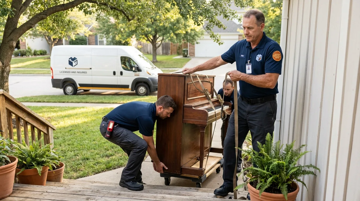 Licensed piano movers securing grand piano in Mars, PA